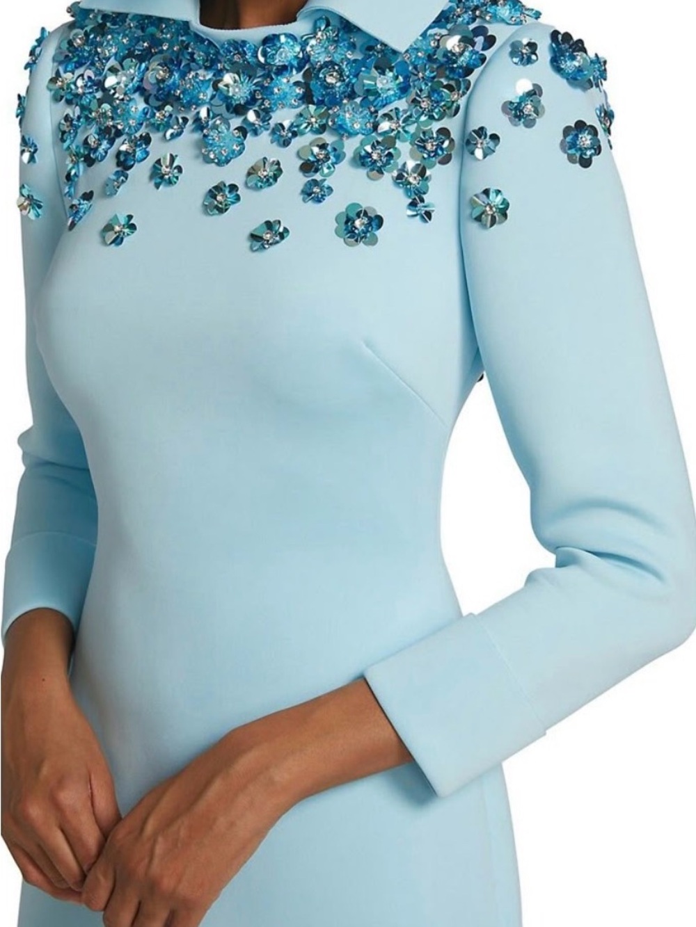 Badgley Mischka Light Blue Long-Sleeve Embellished Sheath Dress - Picture 3 of 9